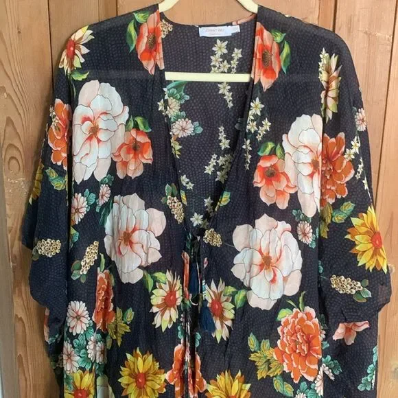 Johnny Was bright floral print short cotton silk coverup kimono - Picture 3 of 8